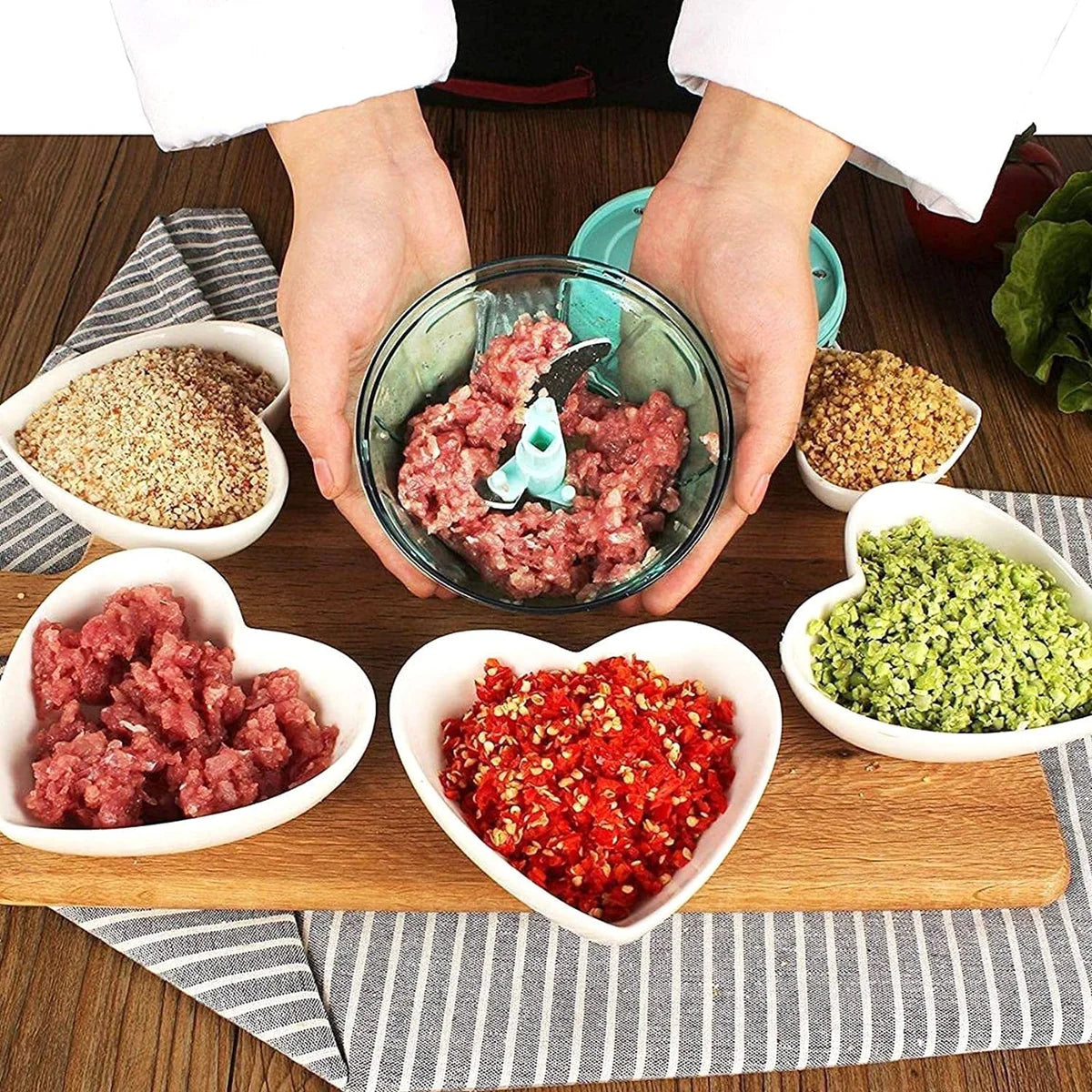 6 BLADE 2IN1 MANUAL FOOD CHOPPER, COMPACT & POWERFUL HAND HELD VEGETABLE CHOPPER (1000Ml)