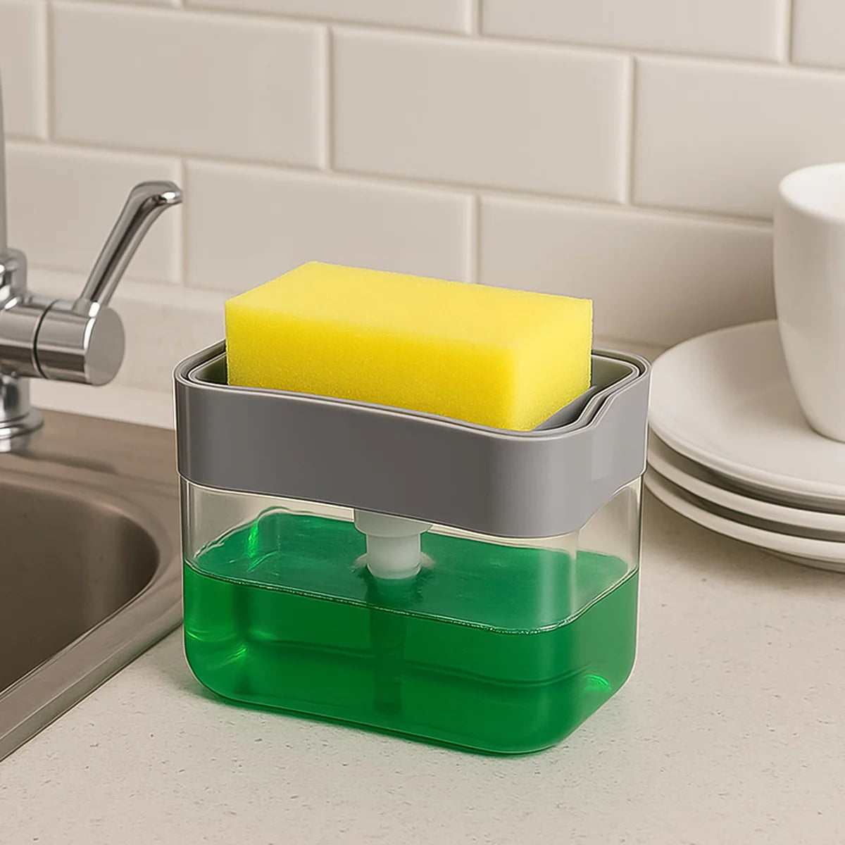 2-in-1 Liquid Soap Dispenser on Countertop with Sponge Holder