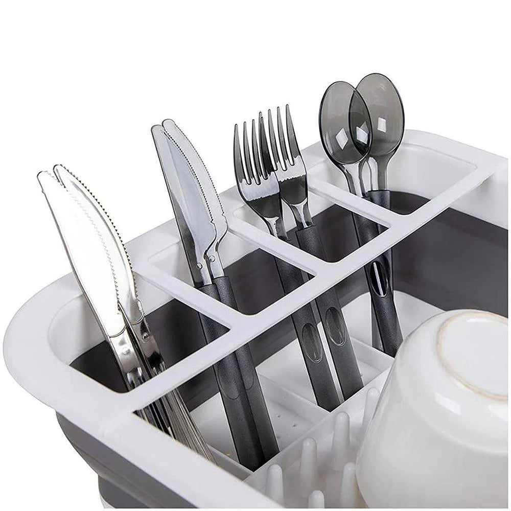 Collapsible Folding Silicone Dish Drying Drainer Rack with Spoon Fork Storage Holder