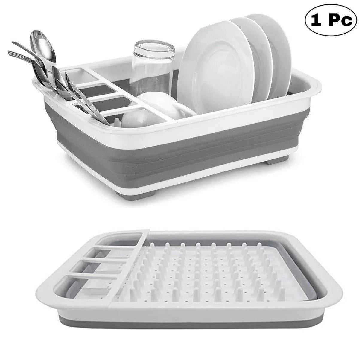 Collapsible Folding Silicone Dish Drying Drainer Rack with Spoon Fork Storage Holder