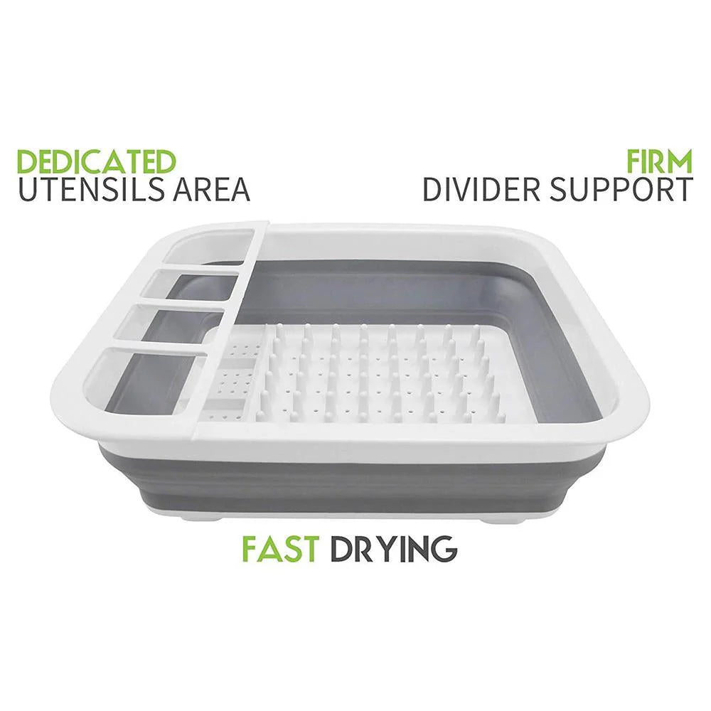 Collapsible Folding Silicone Dish Drying Drainer Rack with Spoon Fork Storage Holder