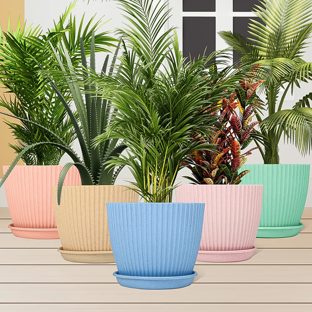 Round Plastic Flower Pot with Bottom Tray (5 Pcs Set / With Color Box)