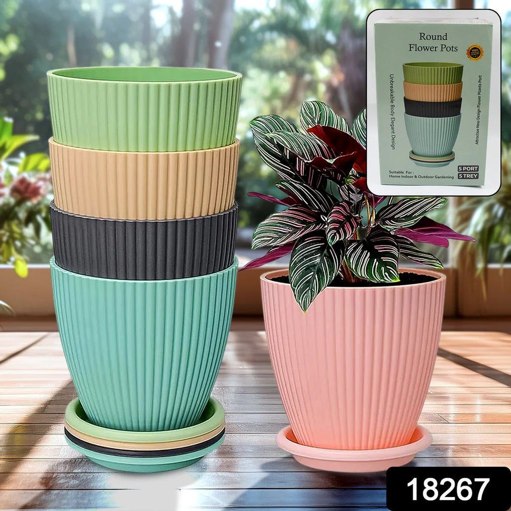 Round Plastic Flower Pot with Bottom Tray (5 Pcs Set / With Color Box)