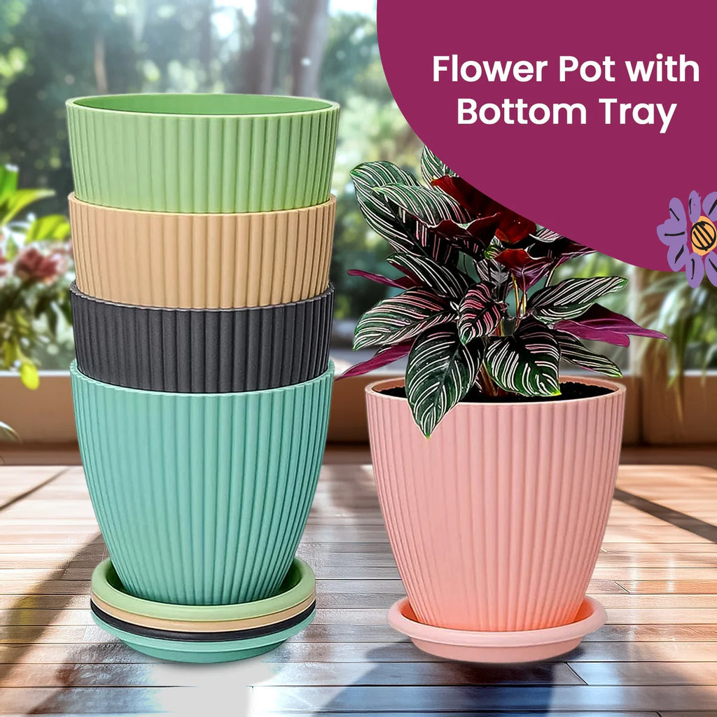 Round Plastic Flower Pot with Bottom Tray (5 Pcs Set / With Color Box)
